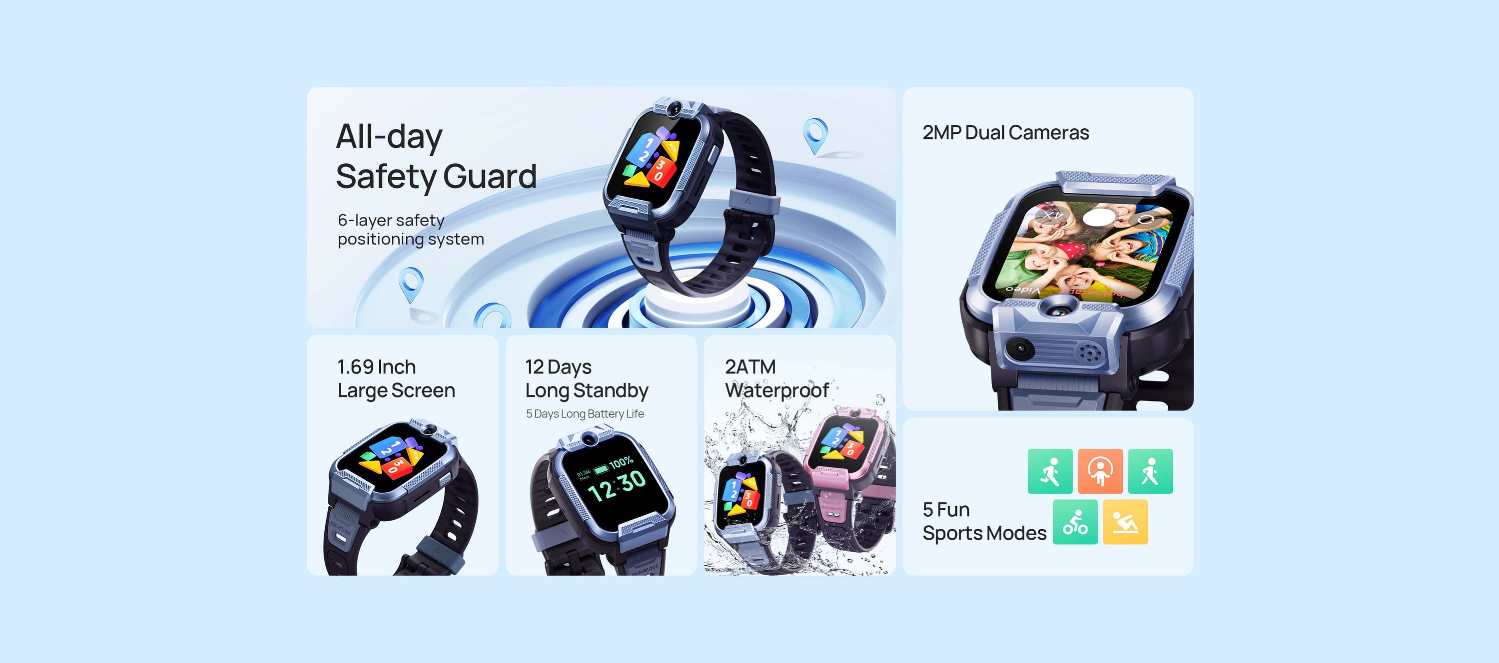 1.69 inch HD large screen
2MP dual cameras
All-day safety guard
2ATM waterproof level
12 days long standby
5 days long battery life
5 fun sports modes