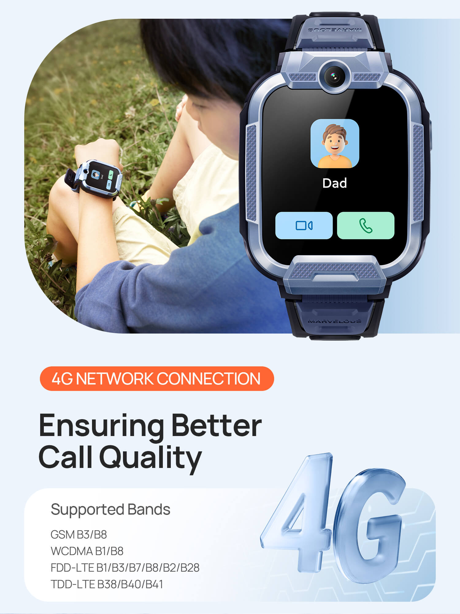 4G Network Connection
Ensuring Better Call Quality
Supported Bands:
GSM B3/B8
WCDMA B1/B8
FDD-LTE B1/B3/B7/B8/B2/B28
TDD-LTE B38/B40/B41