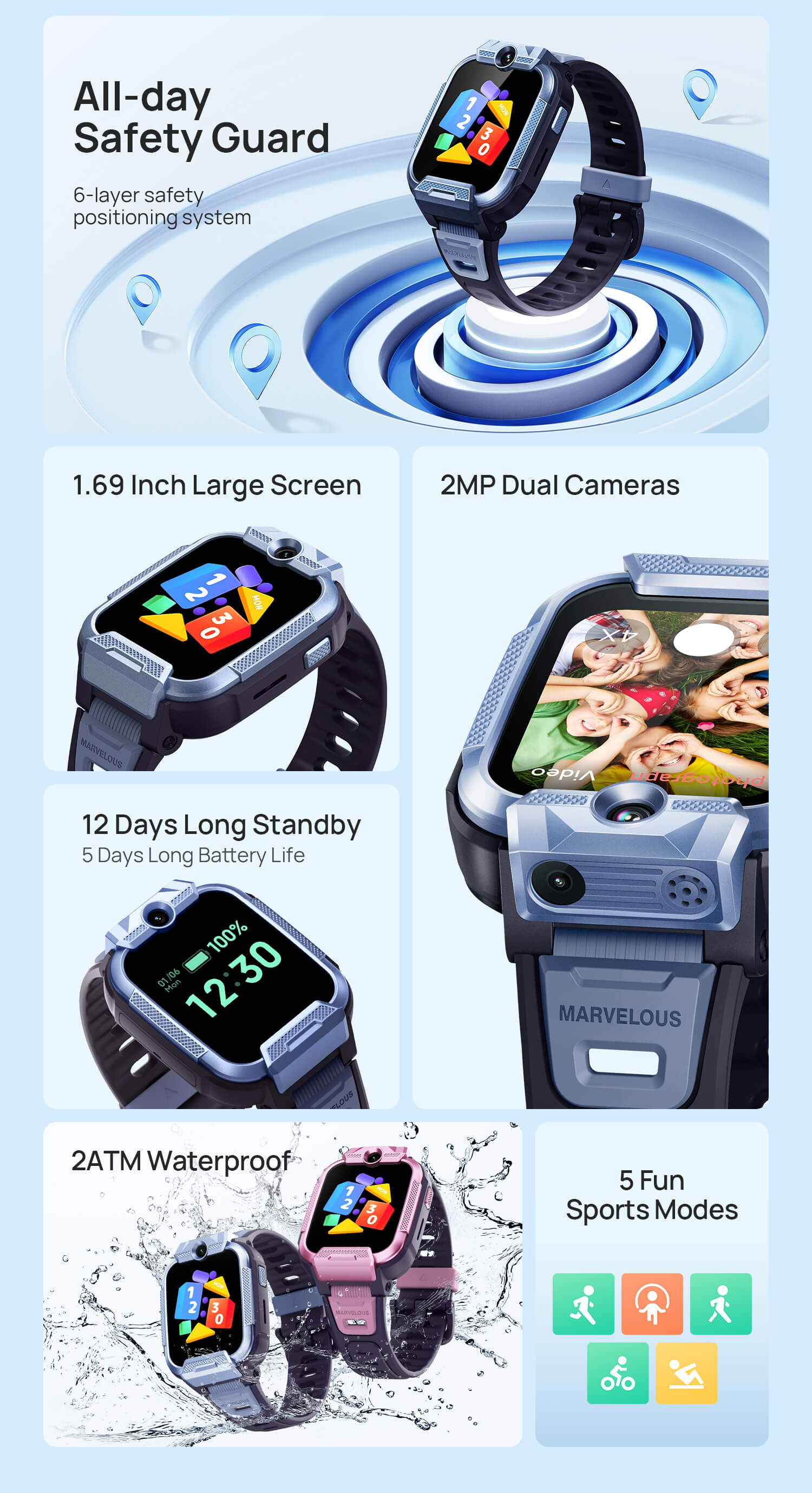 1.69 inch HD large screen
2MP dual cameras
All-day safety guard
2ATM waterproof level
12 days long standby
5 days long battery life
5 fun sports modes
