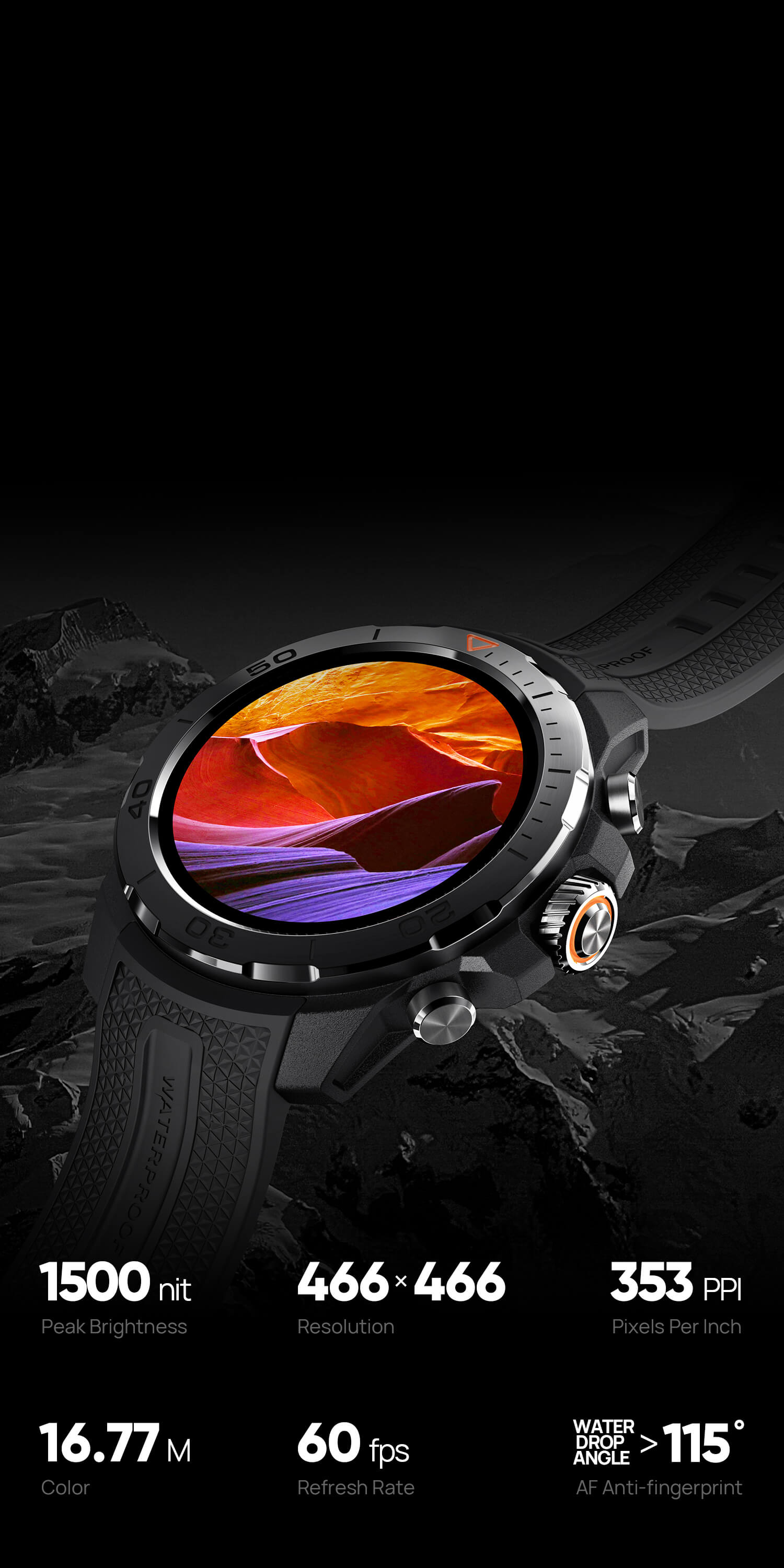 AMOLED High Brightness Screen
1500nit high brightness Amoled screen, clearly visible under strong outdoor light.
Peak Brightness: 1500nit
Resolution: 466x466 Pixels Per Inch(PPI): 353
Color: 16.77 Million
Refresh Rate: 60fps
AF Anti-fingerprint: Water Drop Angle > 115°