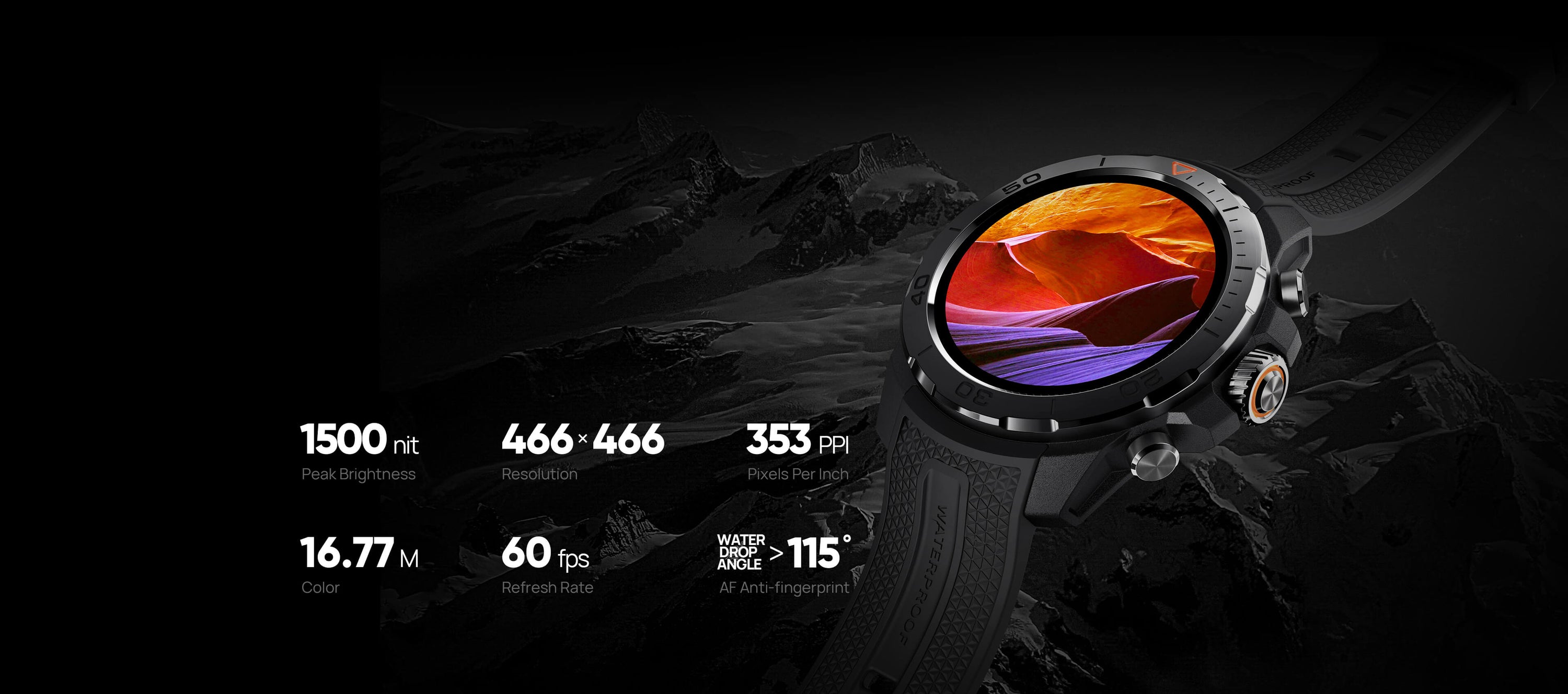 AMOLED High Brightness Screen
1500nit high brightness Amoled screen, clearly visible under strong outdoor light.
Peak Brightness: 1500nit
Resolution: 466x466 Pixels Per Inch(PPI): 353
Color: 16.77 Million
Refresh Rate: 60fps
AF Anti-fingerprint: Water Drop Angle > 115°